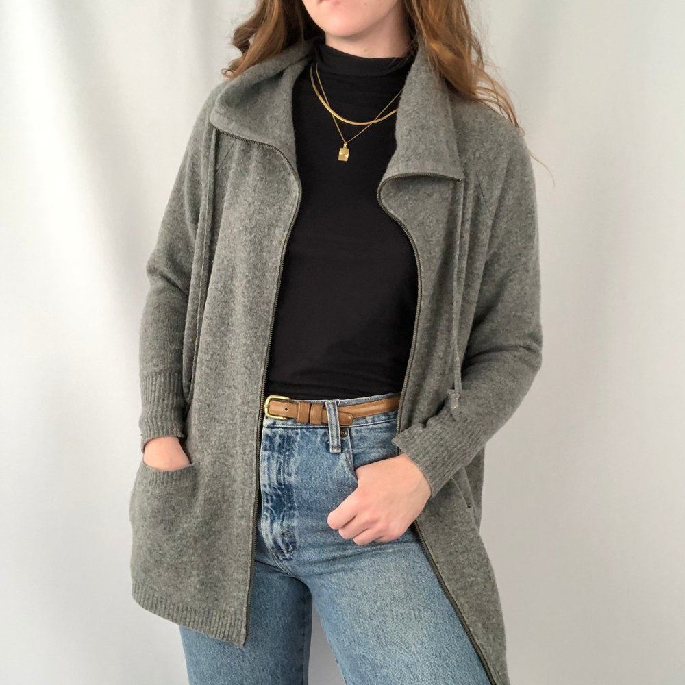 Eileen Fisher 100% Wool Oversized Knit Zip Cowl Cocoon Cardigan Sweater Jacket - Picture 1 of 7